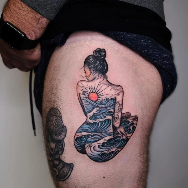 Illustrative Woman, Waves tattoo on Thigh