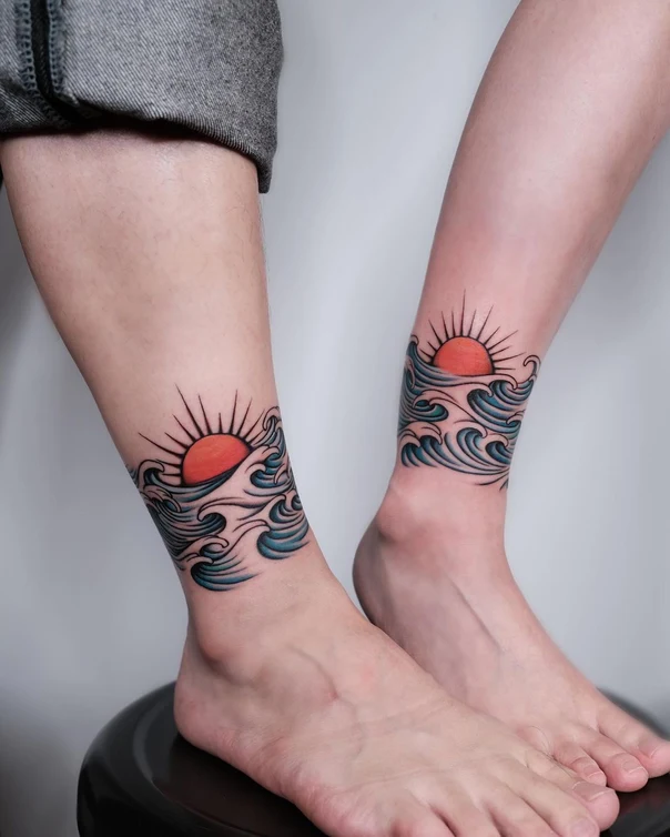 Traditional Sun, Waves tattoo on Ankle