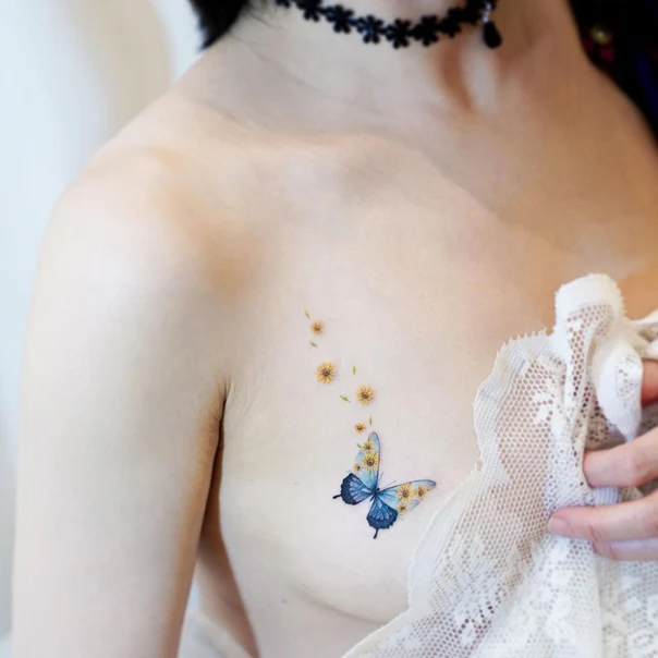 Watercolor Butterfly, Flowers tattoo on Chest