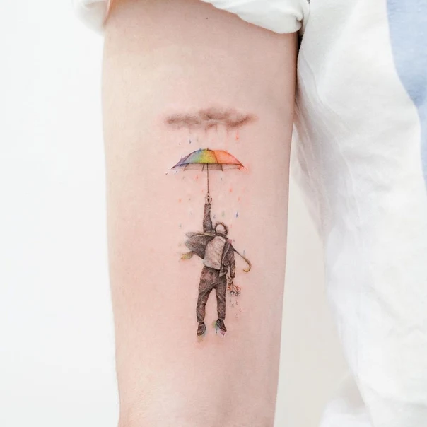 Watercolor Person, Umbrella tattoo on Forearm