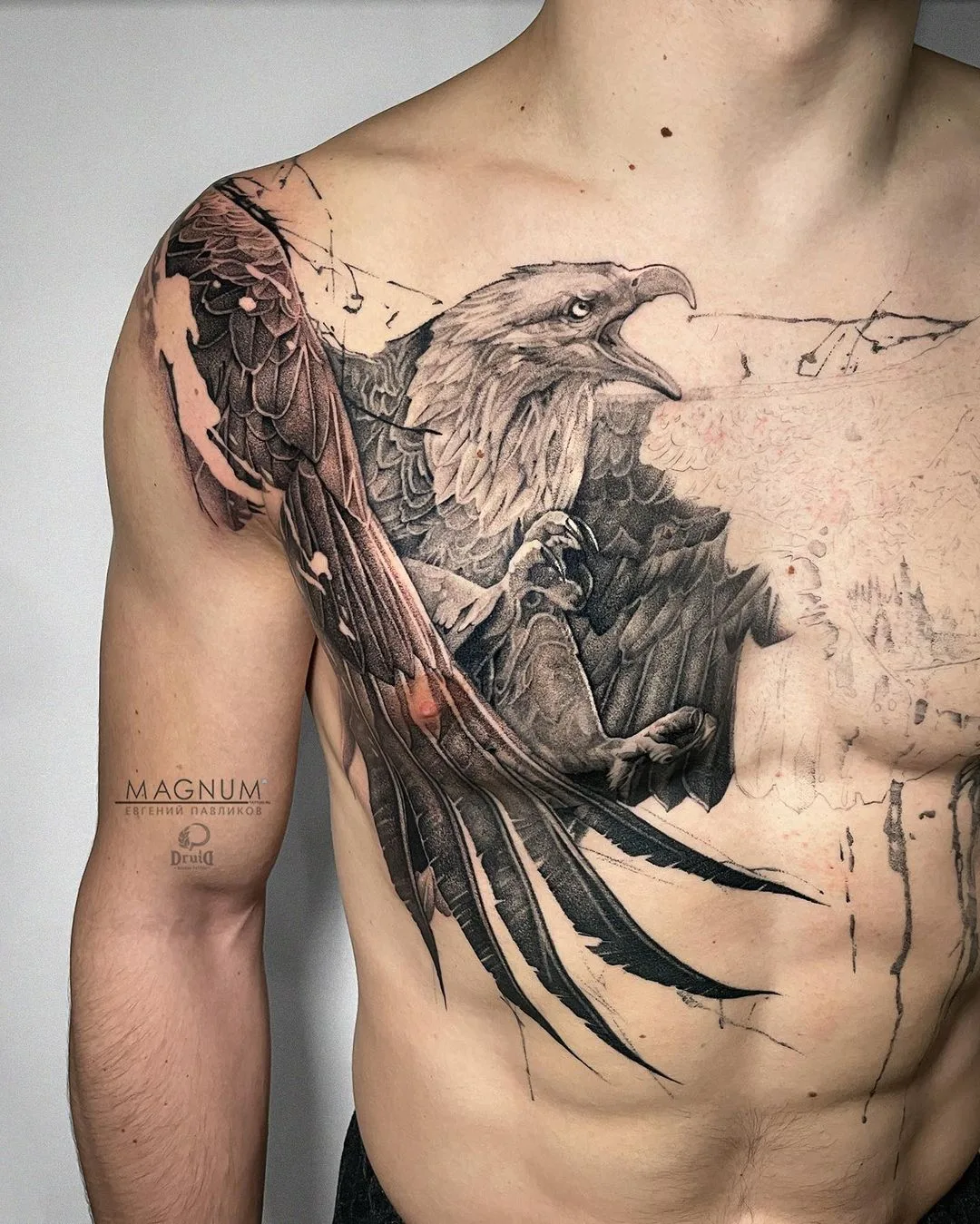 Black and grey tattoo of an eagle with wings spread across the chest and shoulder, blending realistic shading with sketch-style elements.