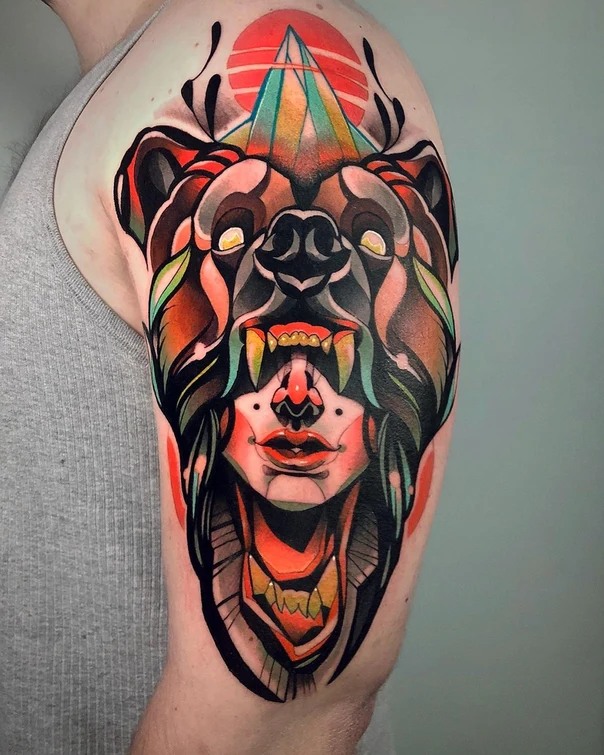 Neo Traditional Bear, Face tattoo on Upper Arm