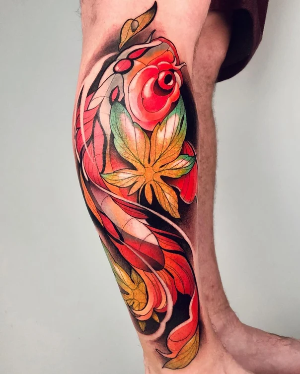 Japanese Flower, Leaf tattoo on Calf