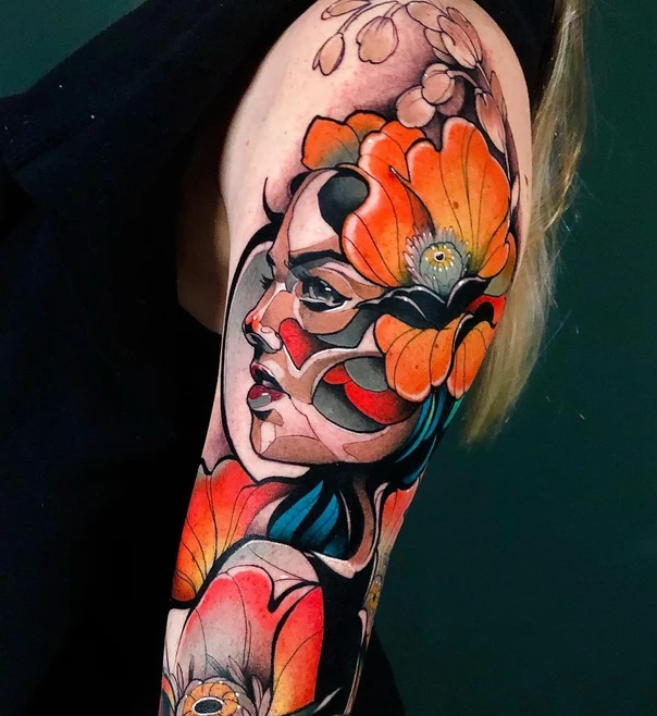 Illustrative Face, Flower tattoo on Upper Arm