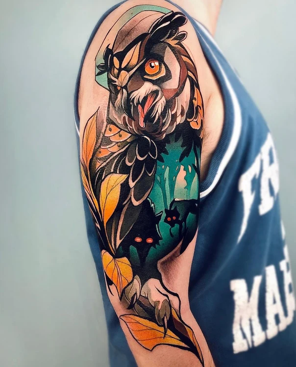 Neo Traditional Owl, Leaves tattoo on Full Sleeve