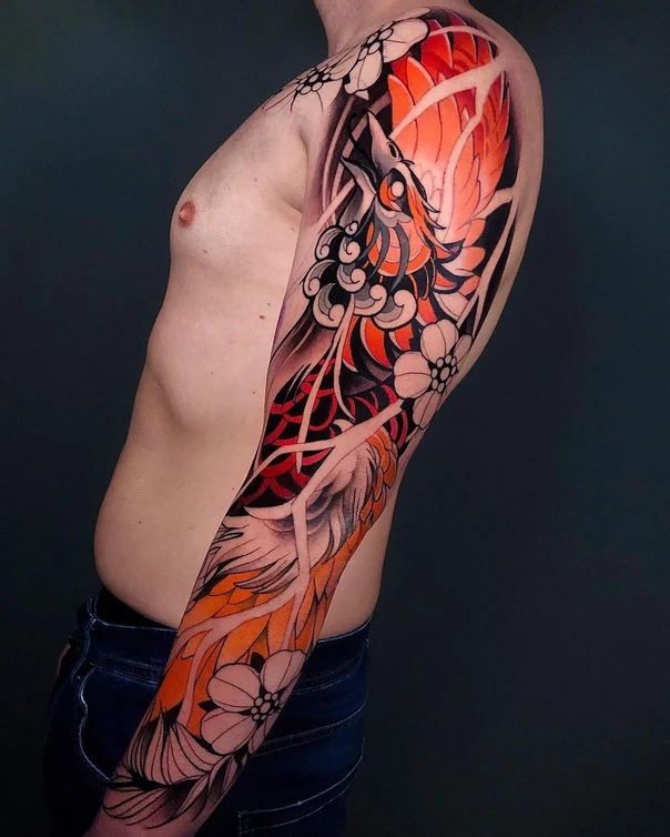Japanese Phoenix, Flowers tattoo on Full Sleeve