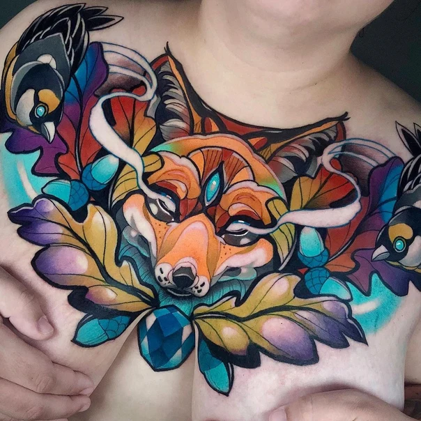 Illustrative Fox, Birds tattoo on Chest