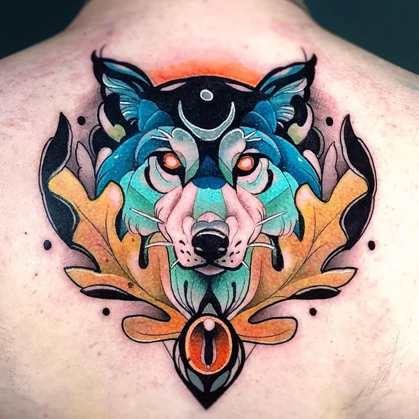 Neo Traditional Wolf, Leaves tattoo on Upper Back
