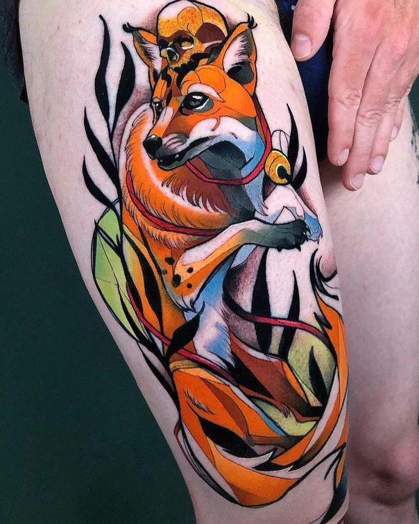 Illustrative Fox, Skull tattoo on Thigh