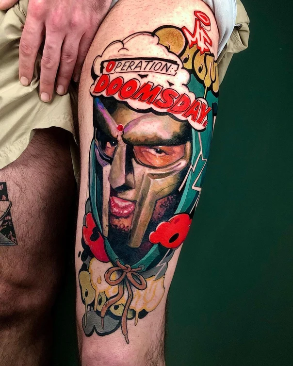 Illustrative Portrait, Comic tattoo on Thigh