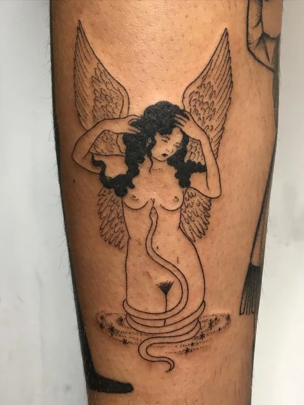 black linework tattoo on calf #44419 | Tattoo Artist Tati Compton