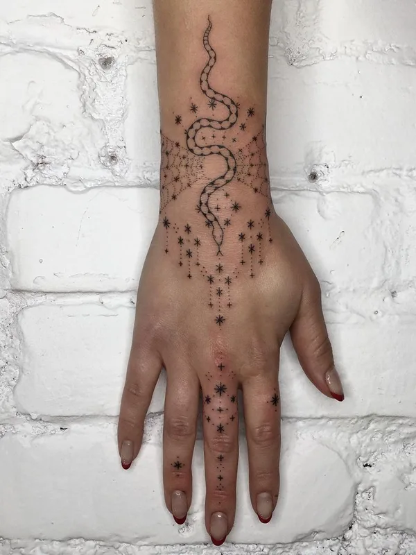 female black linework tattoo on hand #44422 | Tattoo Artist Tati Compton