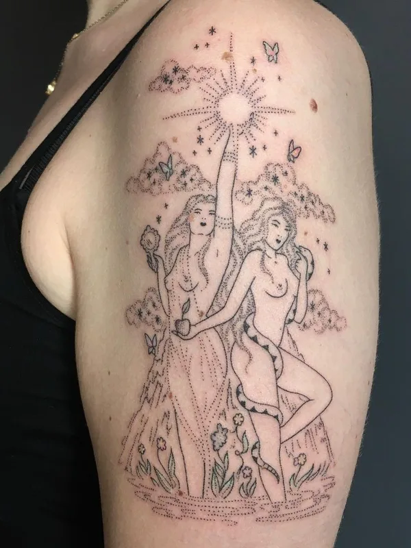 female black linework tattoo on shoulder #44412 | Tattoo Artist Tati Compton