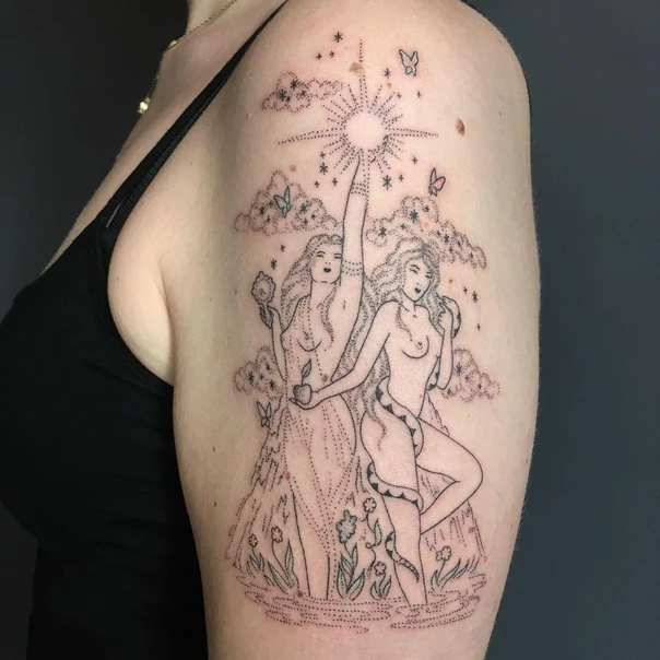 Linework Women, Sun tattoo on Shoulder