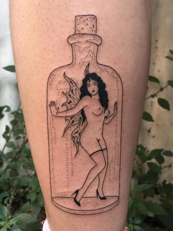 female black linework tattoo on calf #44418 | Tattoo Artist Tati Compton