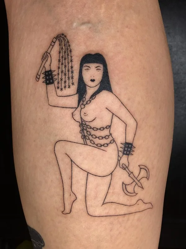 female black blackwork tattoo on thigh #44413 | Tattoo Artist Tati Compton