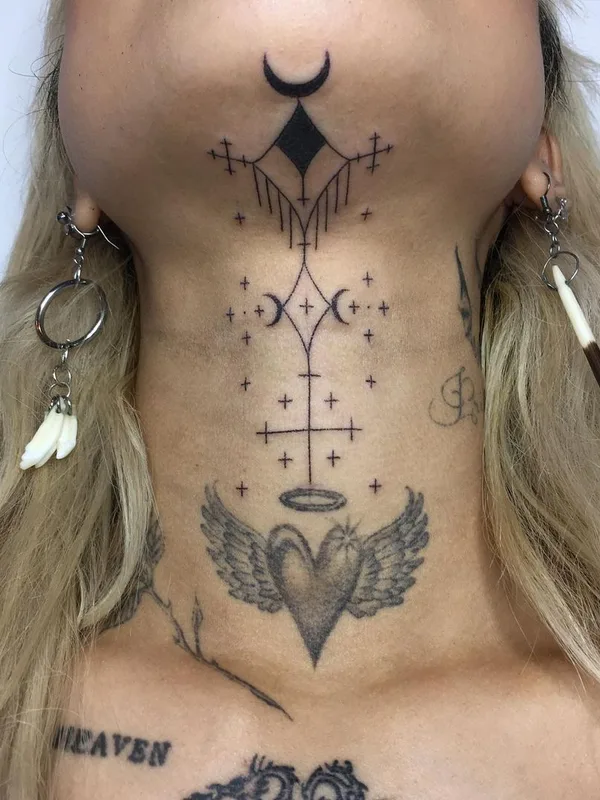 female black linework tattoo on neck #44421 | Tattoo Artist Tati Compton