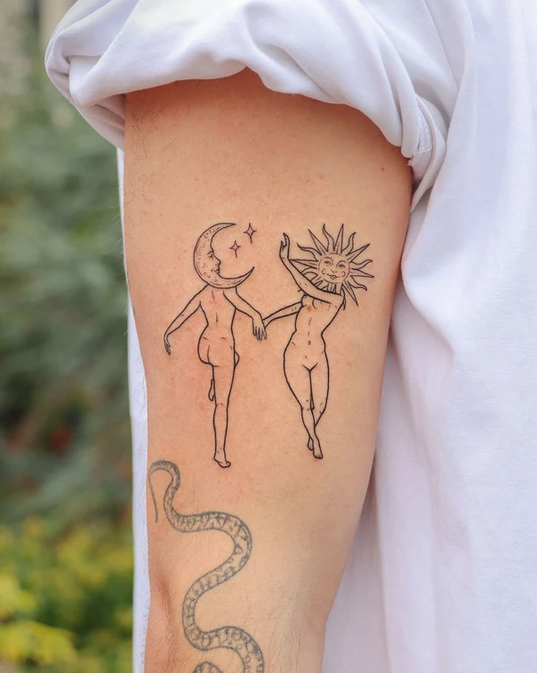 Linework Moon, Sun tattoo on Upper Arm