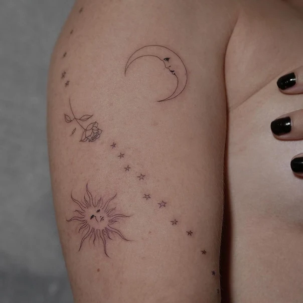 Fineline Sun, Moon tattoo on Upper Arm