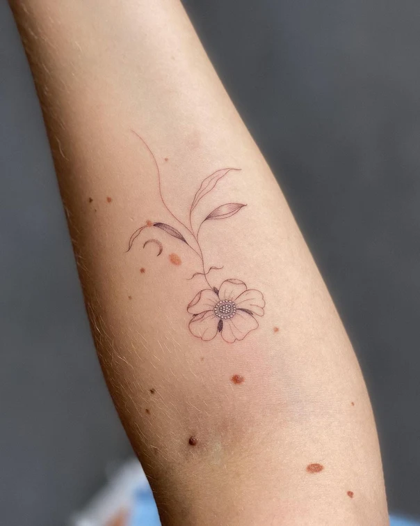 Fineline Flower, Leaves tattoo on Forearm