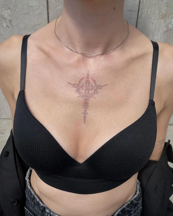 Ornamental Geometric, Cross tattoo on Sternum