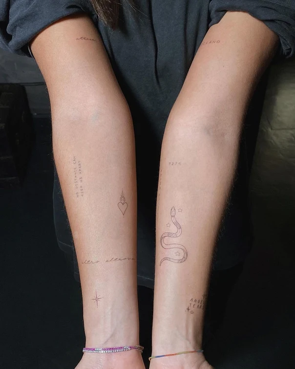Fineline Snake, Stars tattoo on Forearm