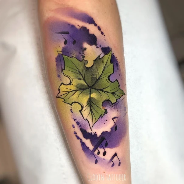 Watercolor Leaf, Music notes tattoo on Forearm