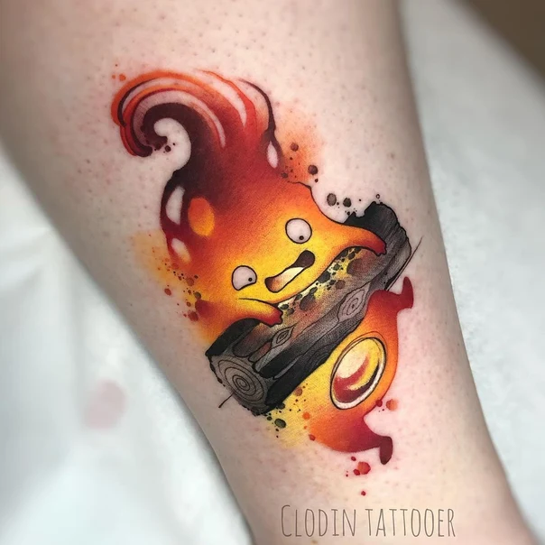 Watercolor Character, Fire tattoo on Calf