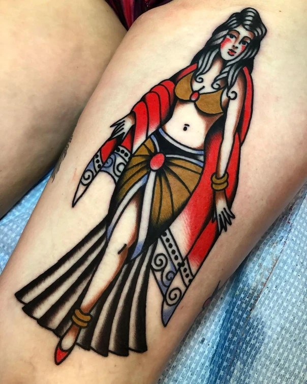 Traditional Woman, Figure tattoo on Thigh