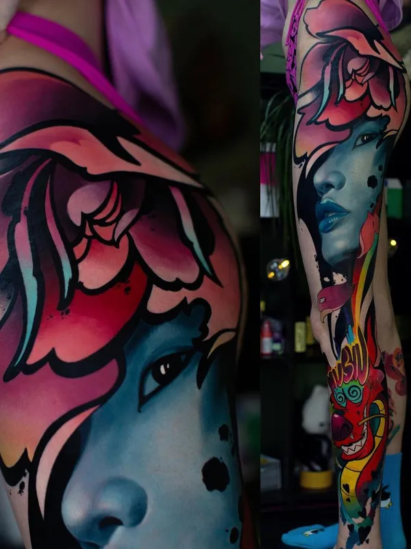 female color illustrative tattoo on thigh #44570 | Tattoo Artist Александр Черный