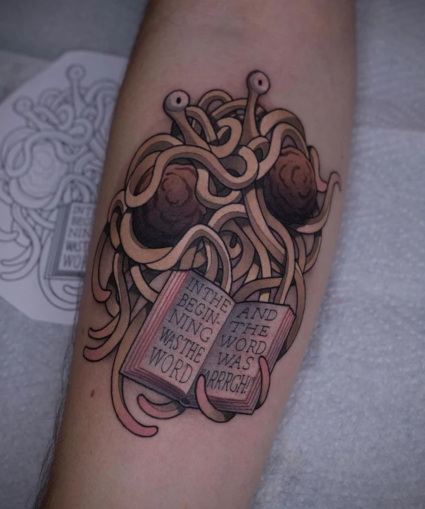 Иллюстративная Flying spaghetti monster, Book tattoo на Предплечье