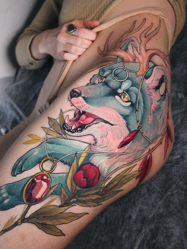 female color illustrative татуировка на thigh #44615 | Тату мастер Victoria Ko