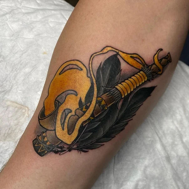 Neo Traditional Mask, Feathers tattoo on Forearm