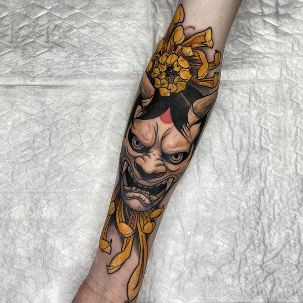 Japanese Oni, Flower tattoo on Forearm