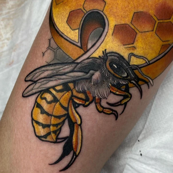 Neo Traditional Bee, Honeycomb tattoo on Forearm
