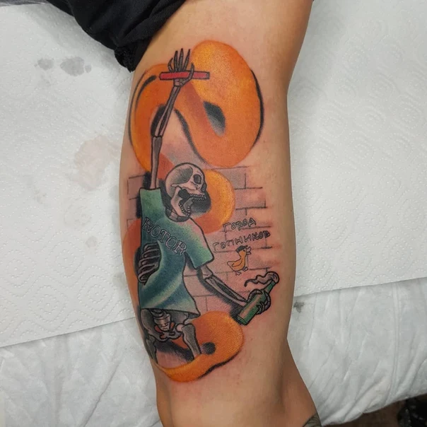Illustrative Skeleton, Guitar tattoo on Calf