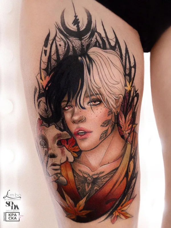 color illustrative татуировка на thigh #44746 | Тату мастер Lina Limbo