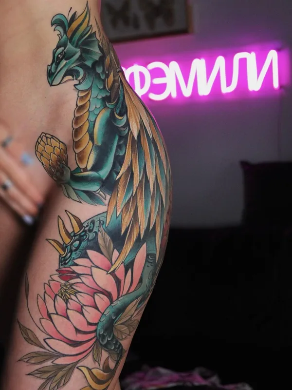color neo traditional татуировка на thigh #44816 | Тату мастер Алина Ману