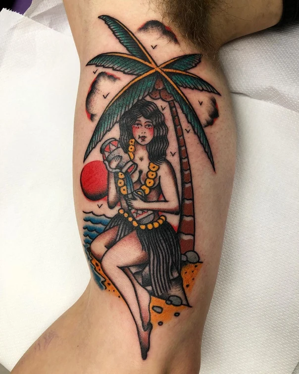 Old School Woman, Palm tree tattoo on Calf