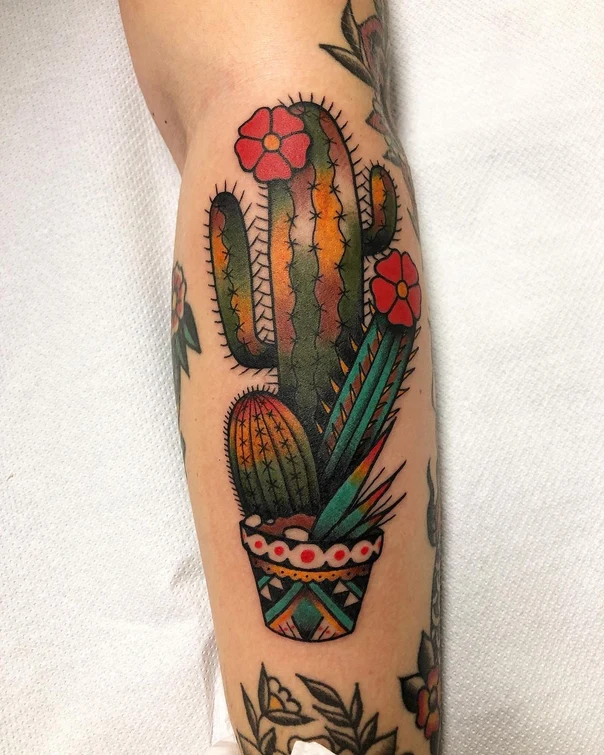 Traditional Cactus, Flower tattoo on Forearm