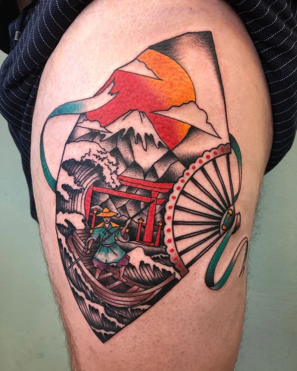 Japanese Mountain, Wave tattoo on Thigh