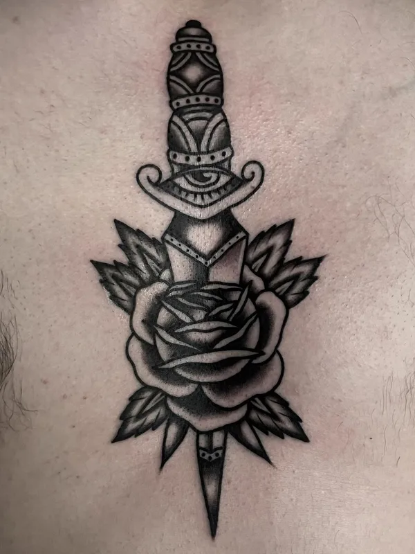 black and grey traditional Tatuaggio su chest #44912 | Tatuatore KiMi VERA