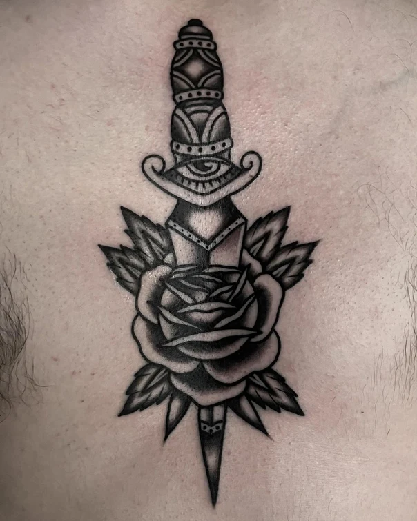 Traditional Rose, Dagger tattoo on Chest