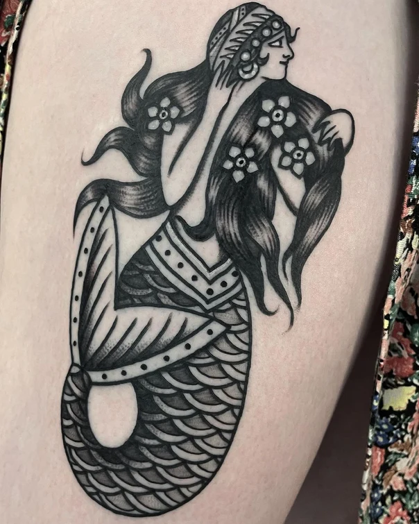 Traditional Mermaid, Flowers tattoo on Thigh