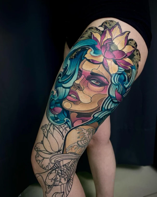 Illustrative Woman, Lotus tattoo on Thigh