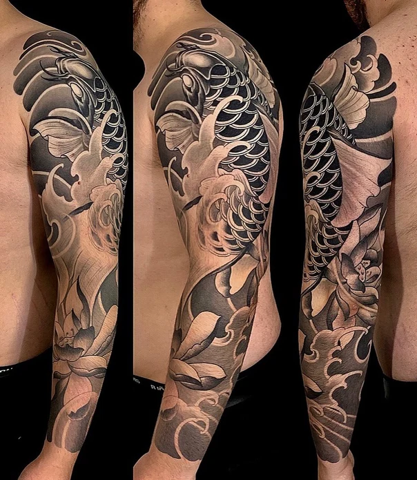 Japanese Koi, Waves tattoo on Full Sleeve