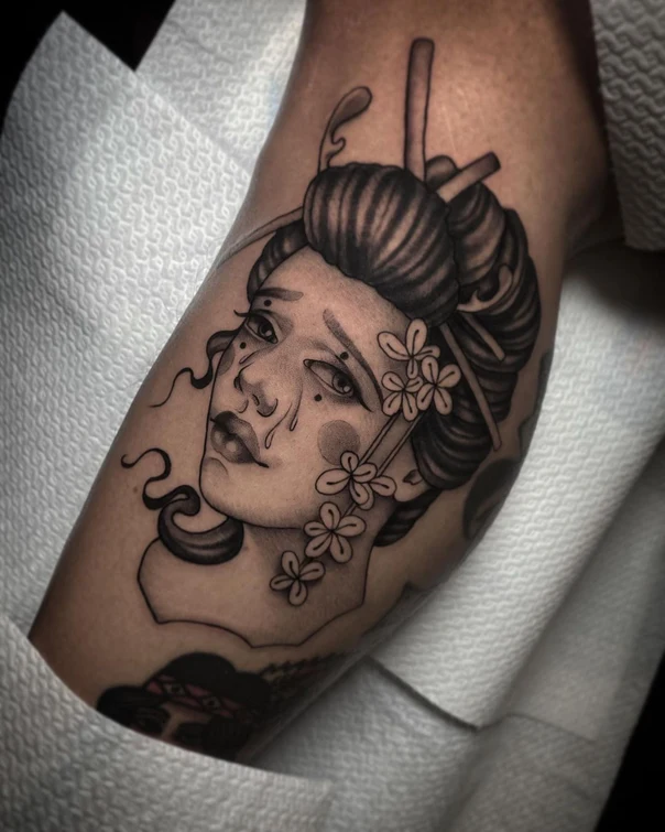 Black & Grey Geisha, Flowers tattoo on Forearm