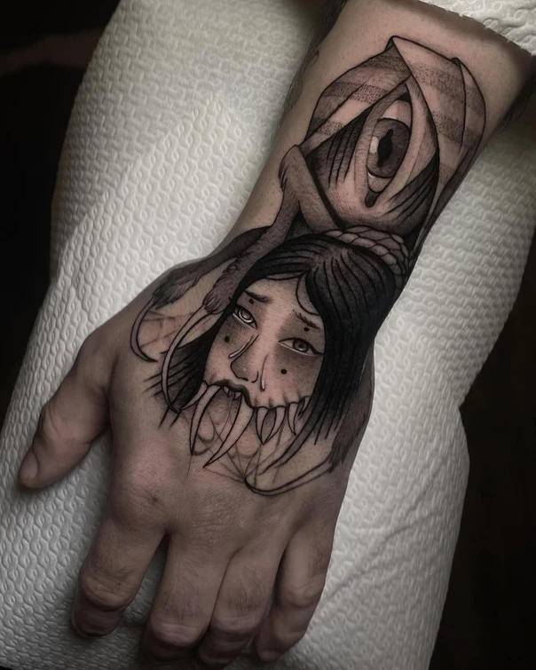 Blackwork Face, Eye tattoo on Back of Hand