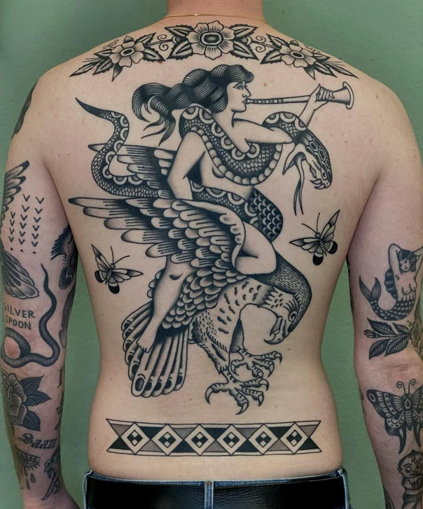 Neo Traditional Woman, Snake tattoo on Full Back