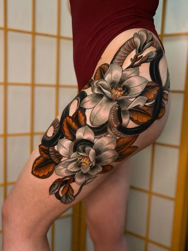 female color neo traditional Tatuaggio su thigh #45046 | Tatuatore Ekaterina Ostrova